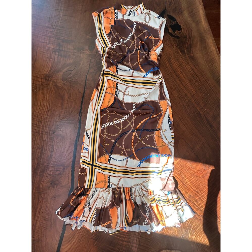 NWT Alden Adair Estelle Equestrian Print Maxi Fall Dress - Brown Orange XS S - Picture 4 of 7